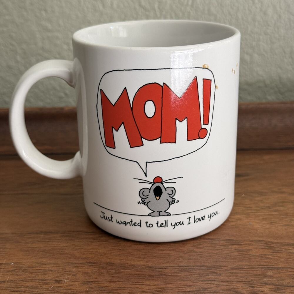 Hallmark 1986 Shoebox Mug “MOM!” White w/Mouse Made in Taiwan Mothers Day